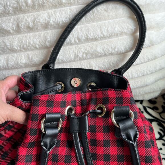 Red & Black Buffalo Plaid Talbots Drawstring Bucket Bag - Picture 3 of 6